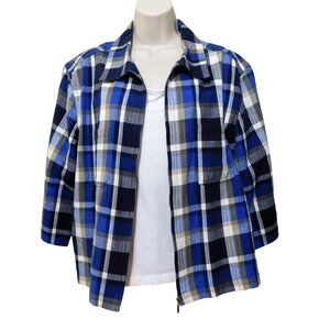 Lemon Grass Jacket XL Blue White Bold Plaid Print Full Zipper 3/4 Sleeves Cotton